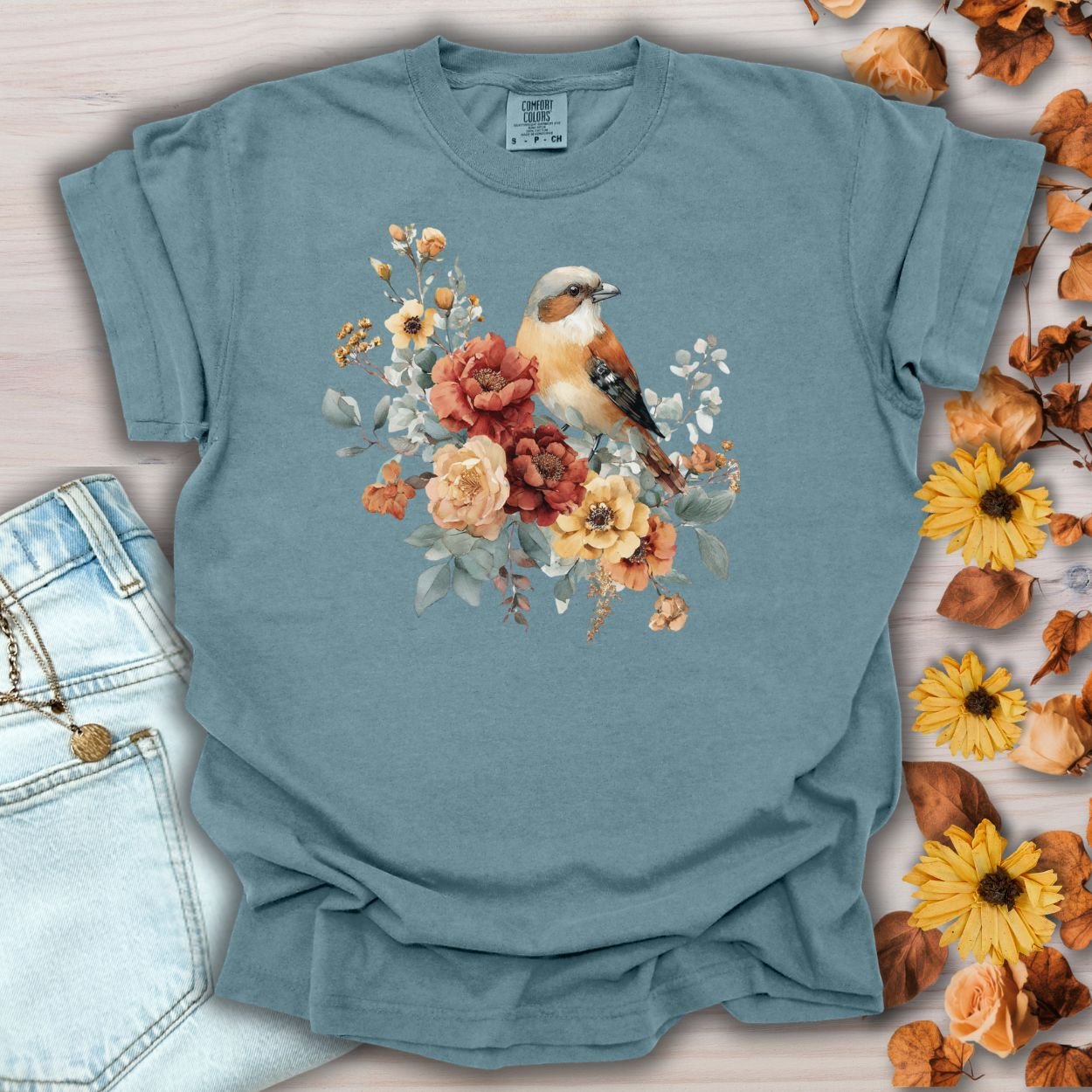 Autumn Sparrow with Roses T-Shirt