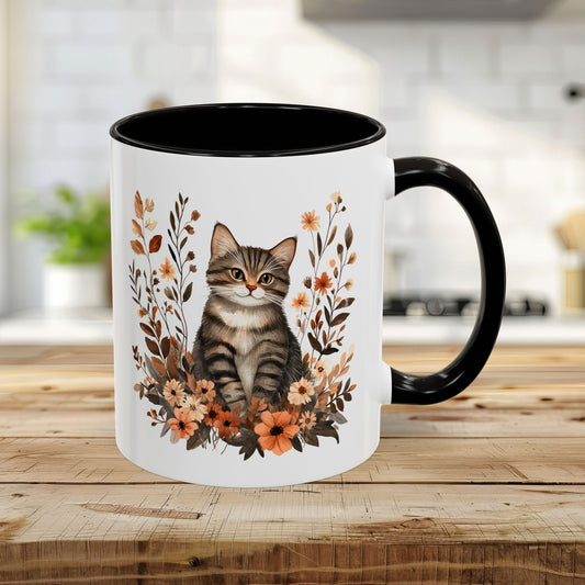 Autumn Striped Cat with Wildflowers Mug (11/15oz)