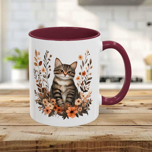 Autumn Striped Cat with Wildflowers Mug (11/15oz)
