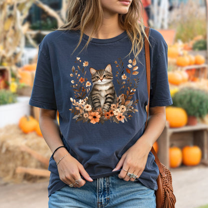 Autumn Striped Cat with Wildflowers T-Shirt