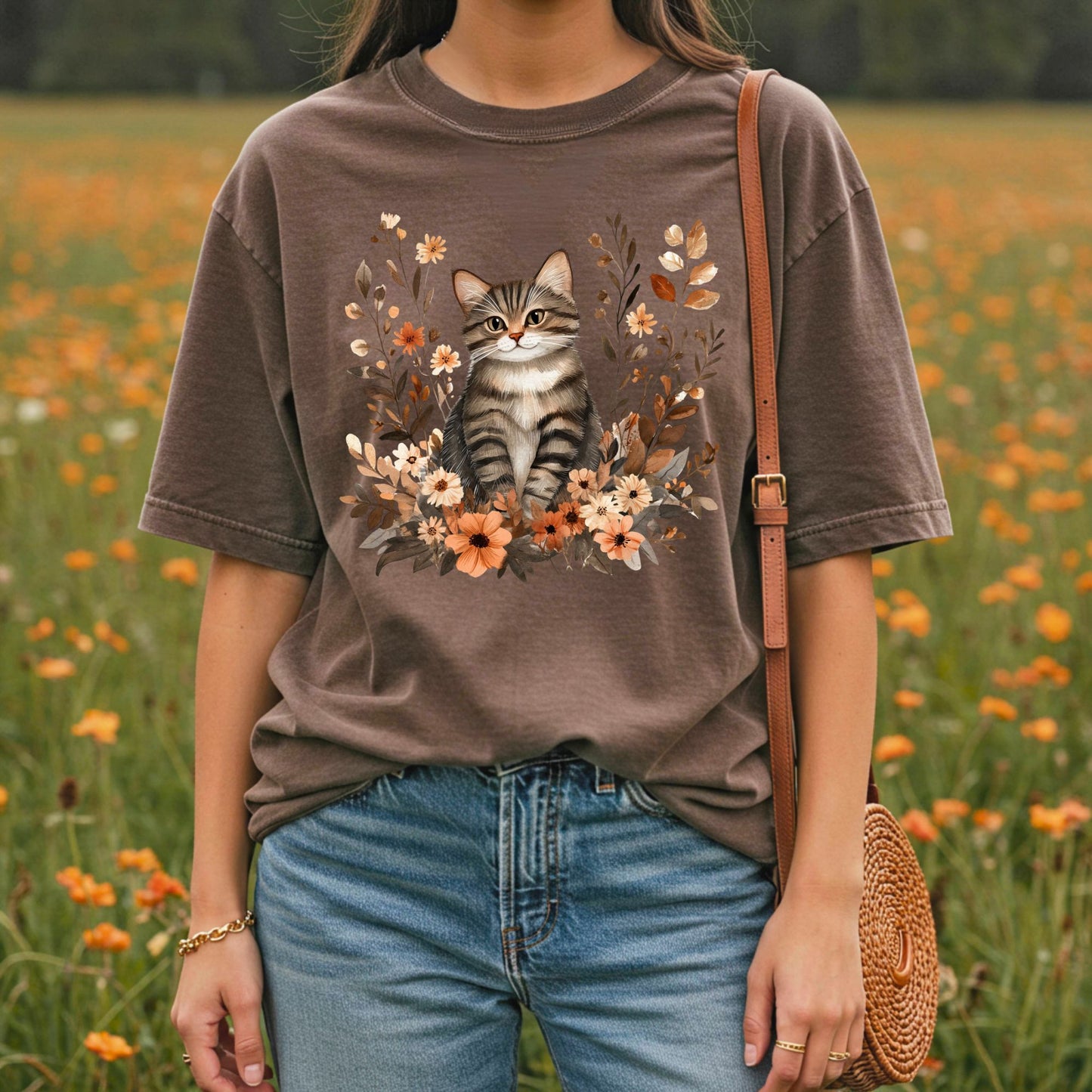 Autumn Striped Cat with Wildflowers T-Shirt