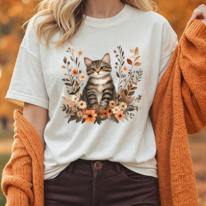 Autumn Striped Cat with Wildflowers T-Shirt