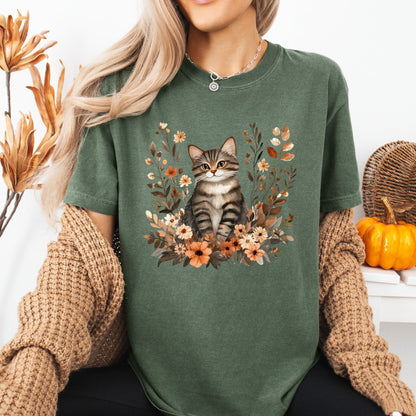 Autumn Striped Cat with Wildflowers T-Shirt