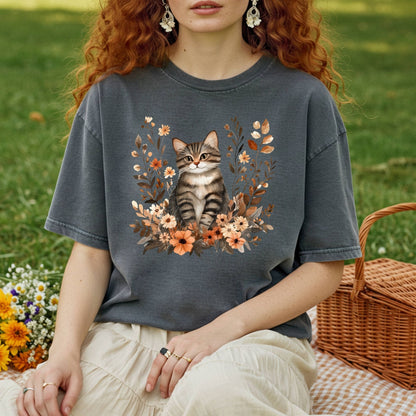 Autumn Striped Cat with Wildflowers T-Shirt
