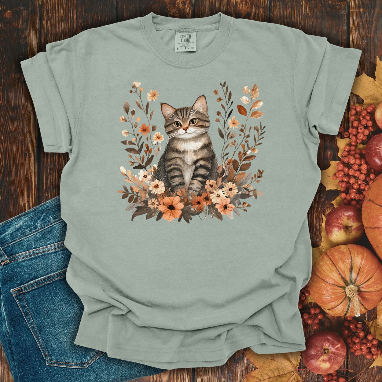 Autumn Striped Cat with Wildflowers T-Shirt
