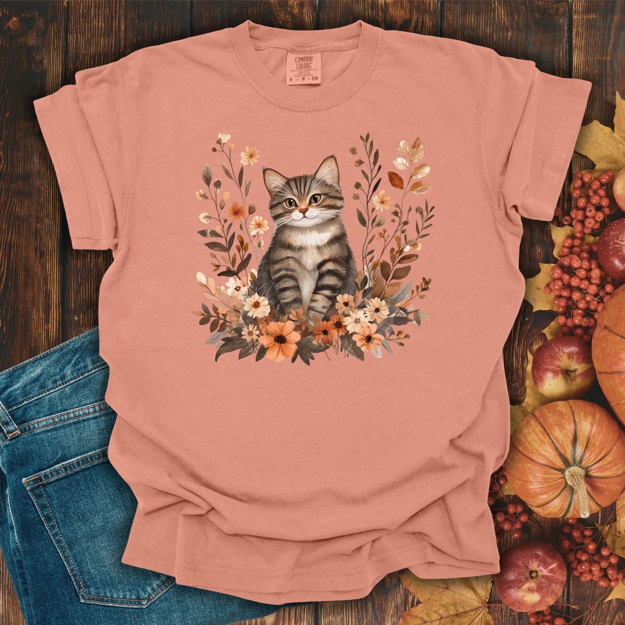 Autumn Striped Cat with Wildflowers T-Shirt