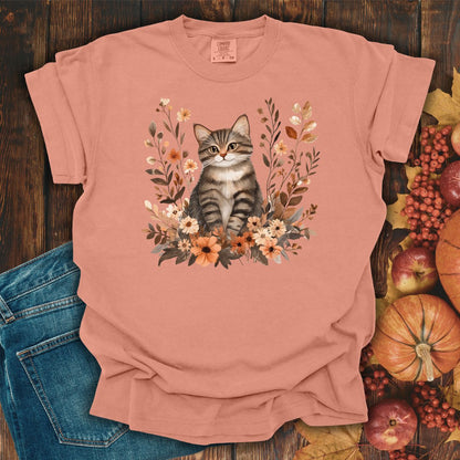 Autumn Striped Cat with Wildflowers T-Shirt
