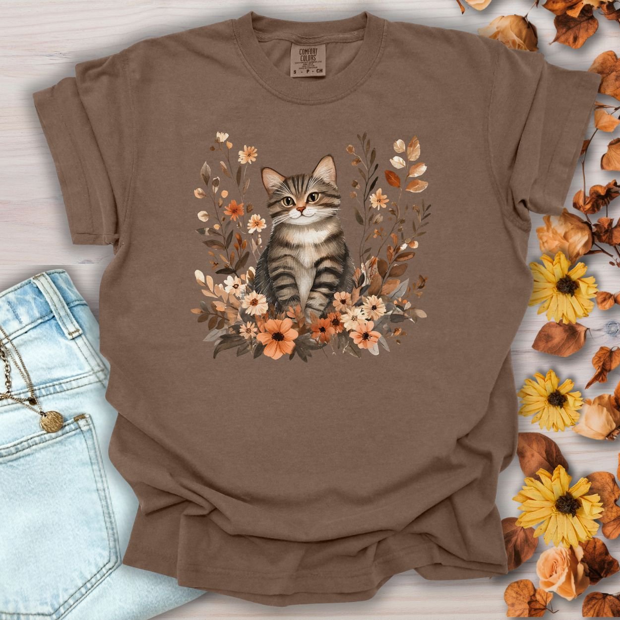 Autumn Striped Cat with Wildflowers T-Shirt