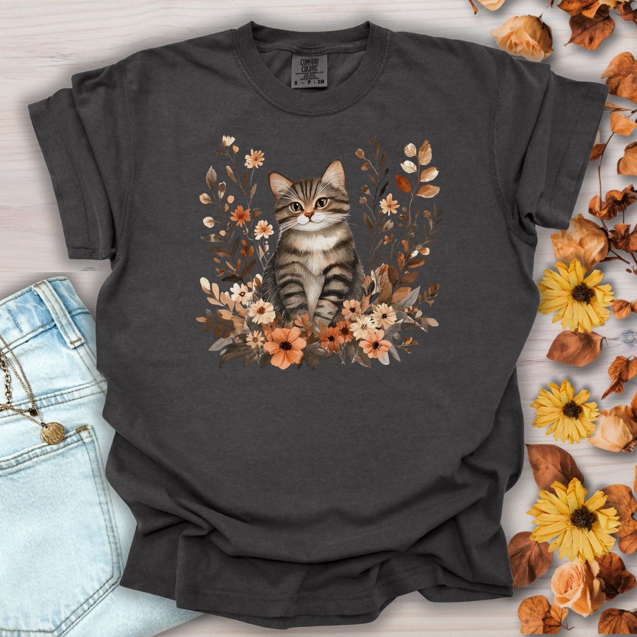 Autumn Striped Cat with Wildflowers T-Shirt