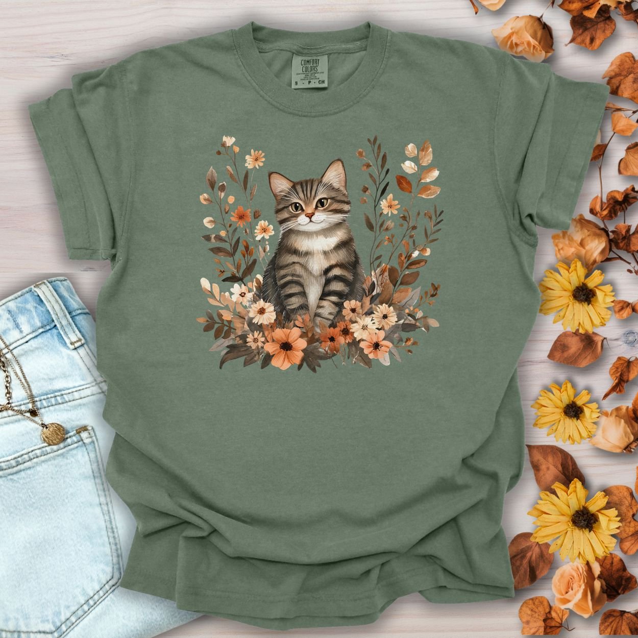 Autumn Striped Cat with Wildflowers T-Shirt