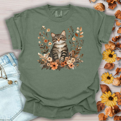 Autumn Striped Cat with Wildflowers T-Shirt