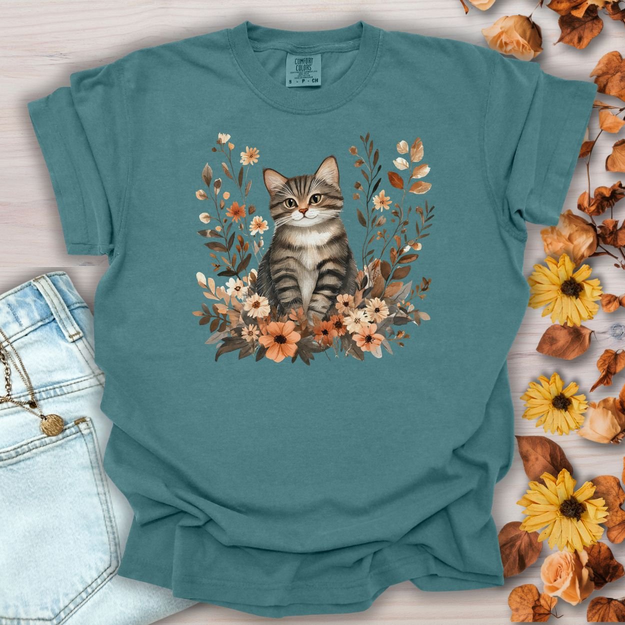 Autumn Striped Cat with Wildflowers T-Shirt