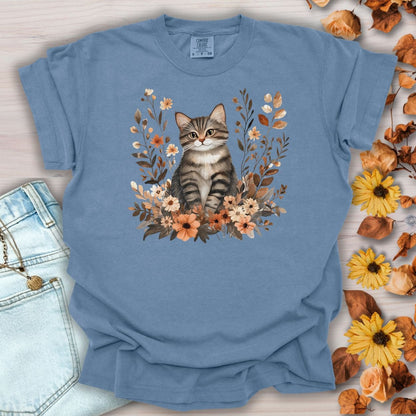 Autumn Striped Cat with Wildflowers T-Shirt