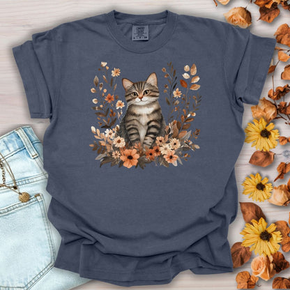 Autumn Striped Cat with Wildflowers T-Shirt