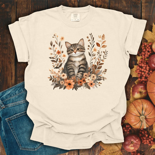Autumn Striped Cat with Wildflowers T-Shirt