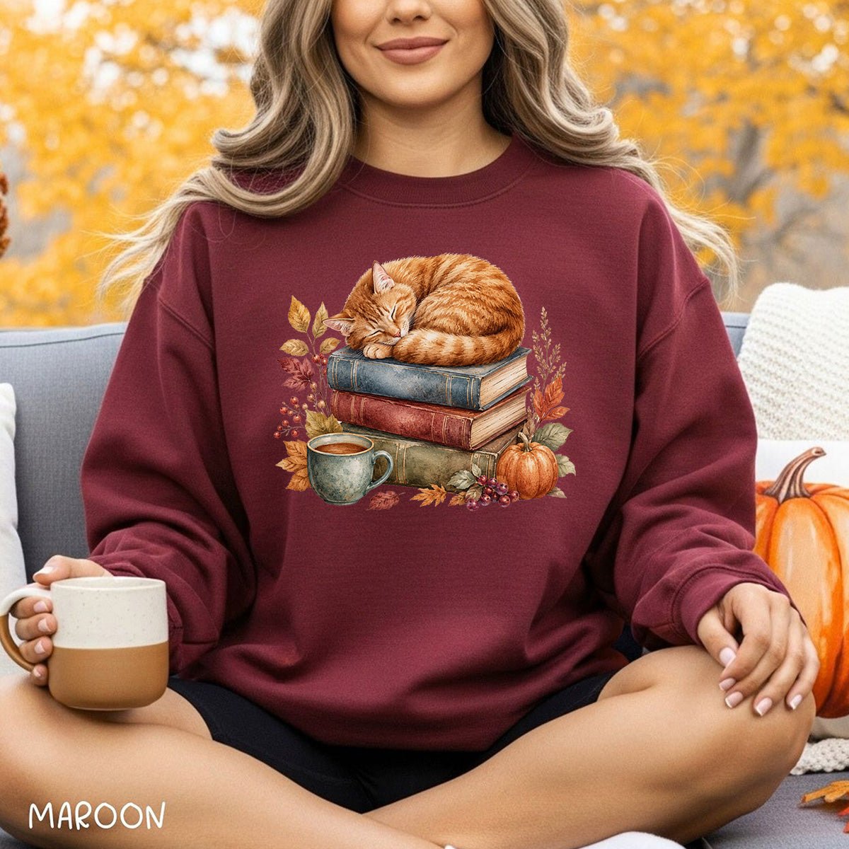 Autumn Tabby Cat & Books Sweatshirt