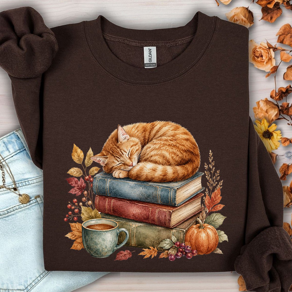 Autumn Tabby Cat & Books Sweatshirt