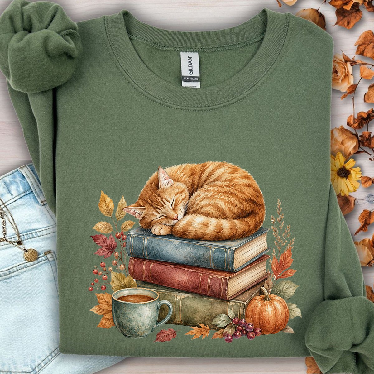 Autumn Tabby Cat & Books Sweatshirt