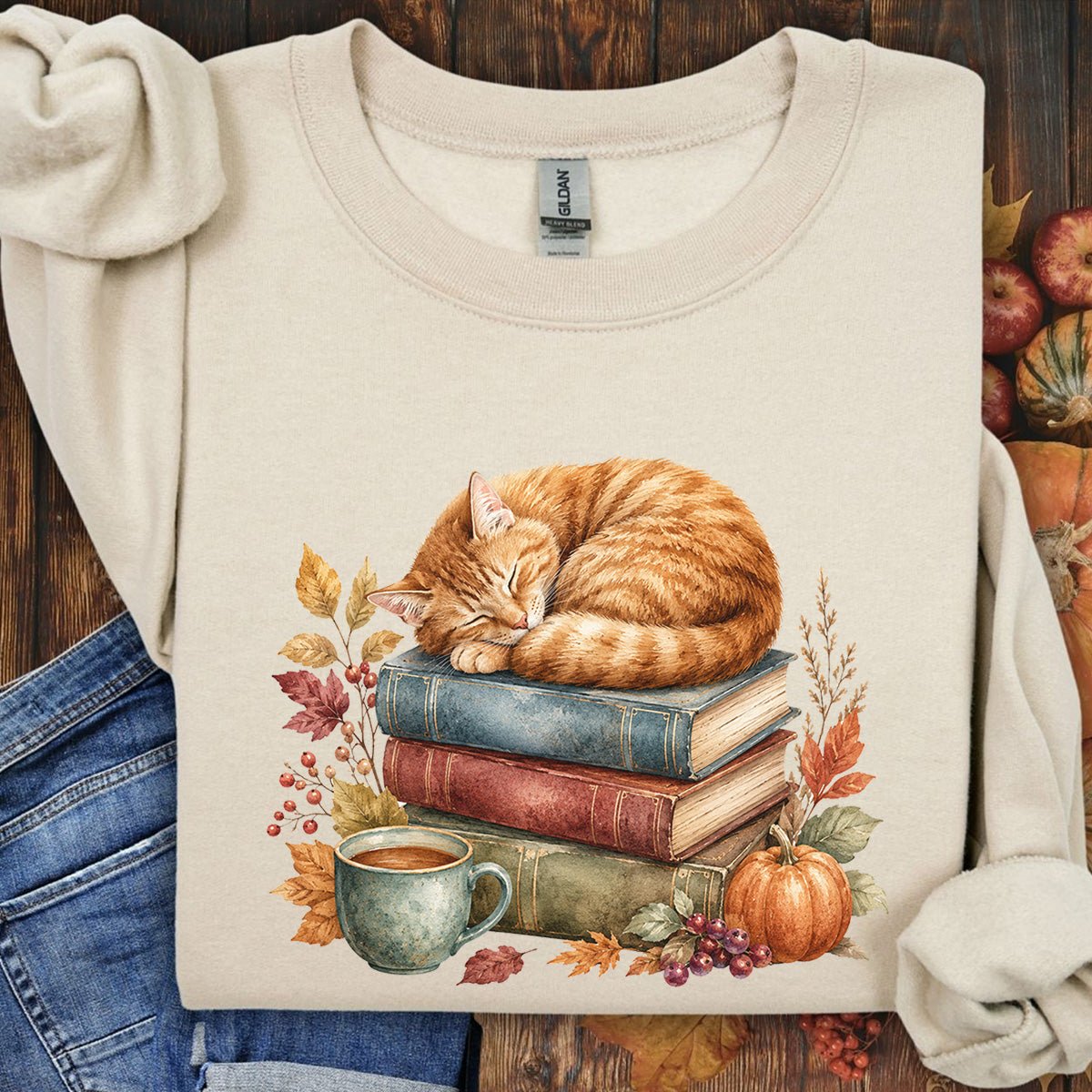 Autumn Tabby Cat & Books Sweatshirt