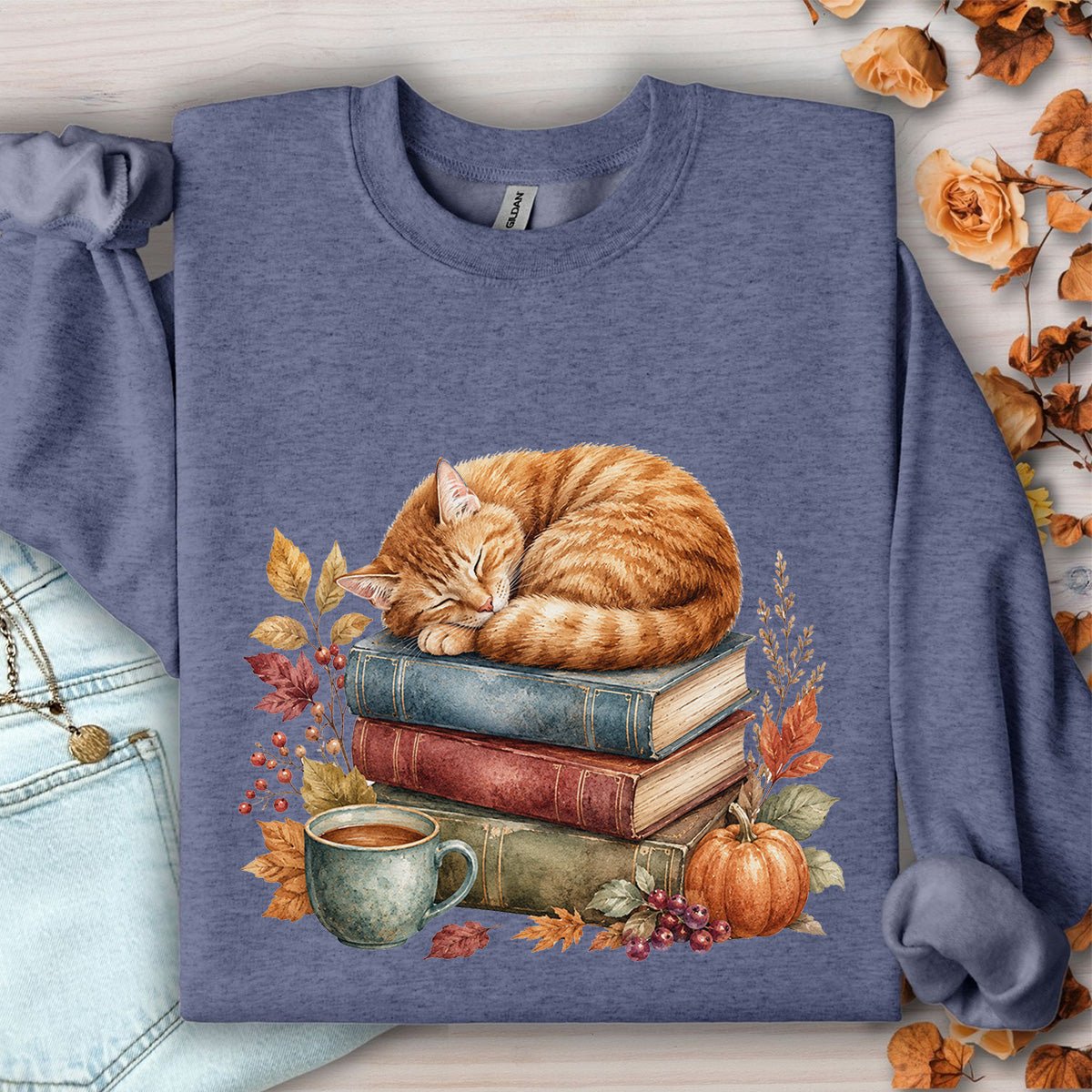 Autumn Tabby Cat & Books Sweatshirt