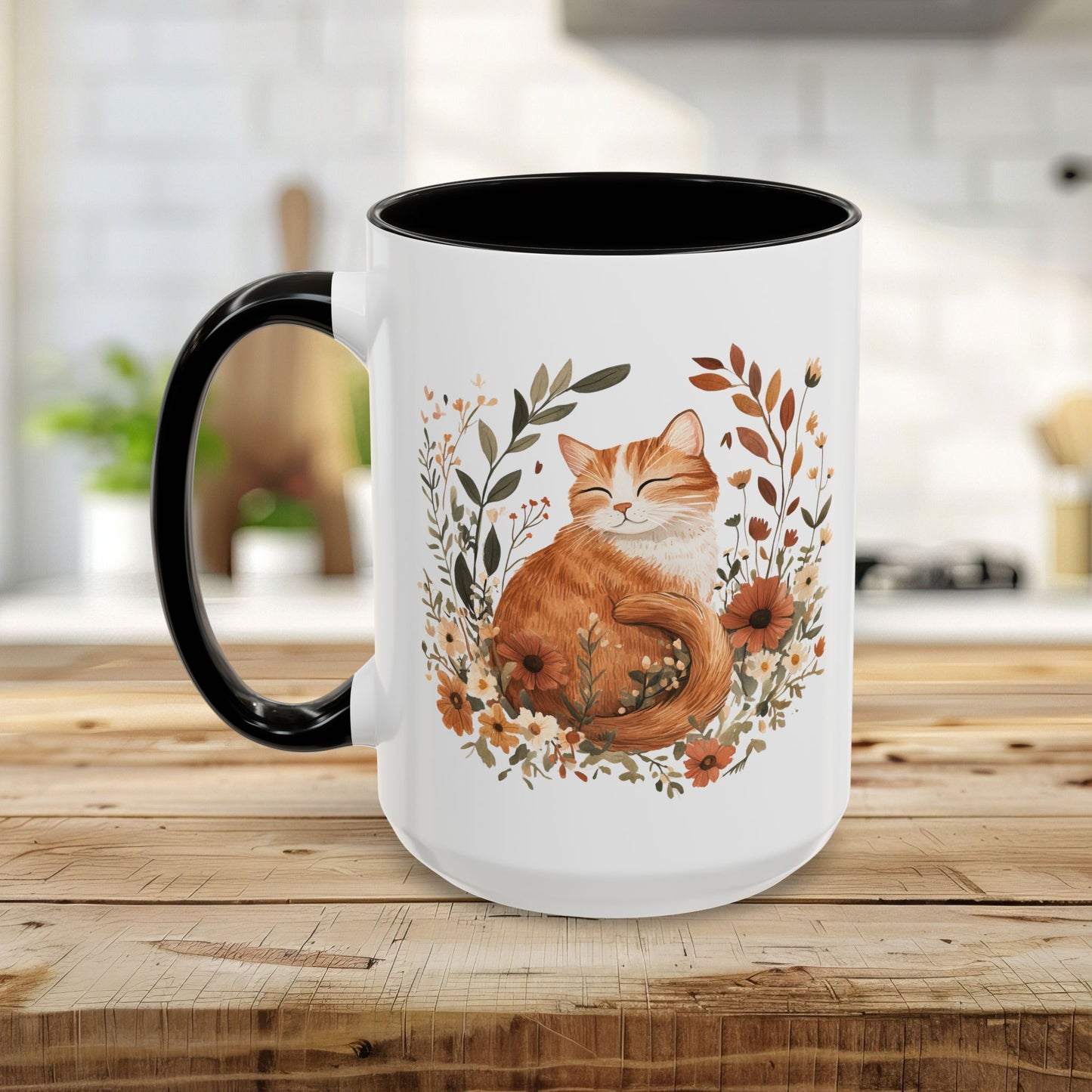 Autumn Tabby Cat & Wildflowers Mug (11/15oz)