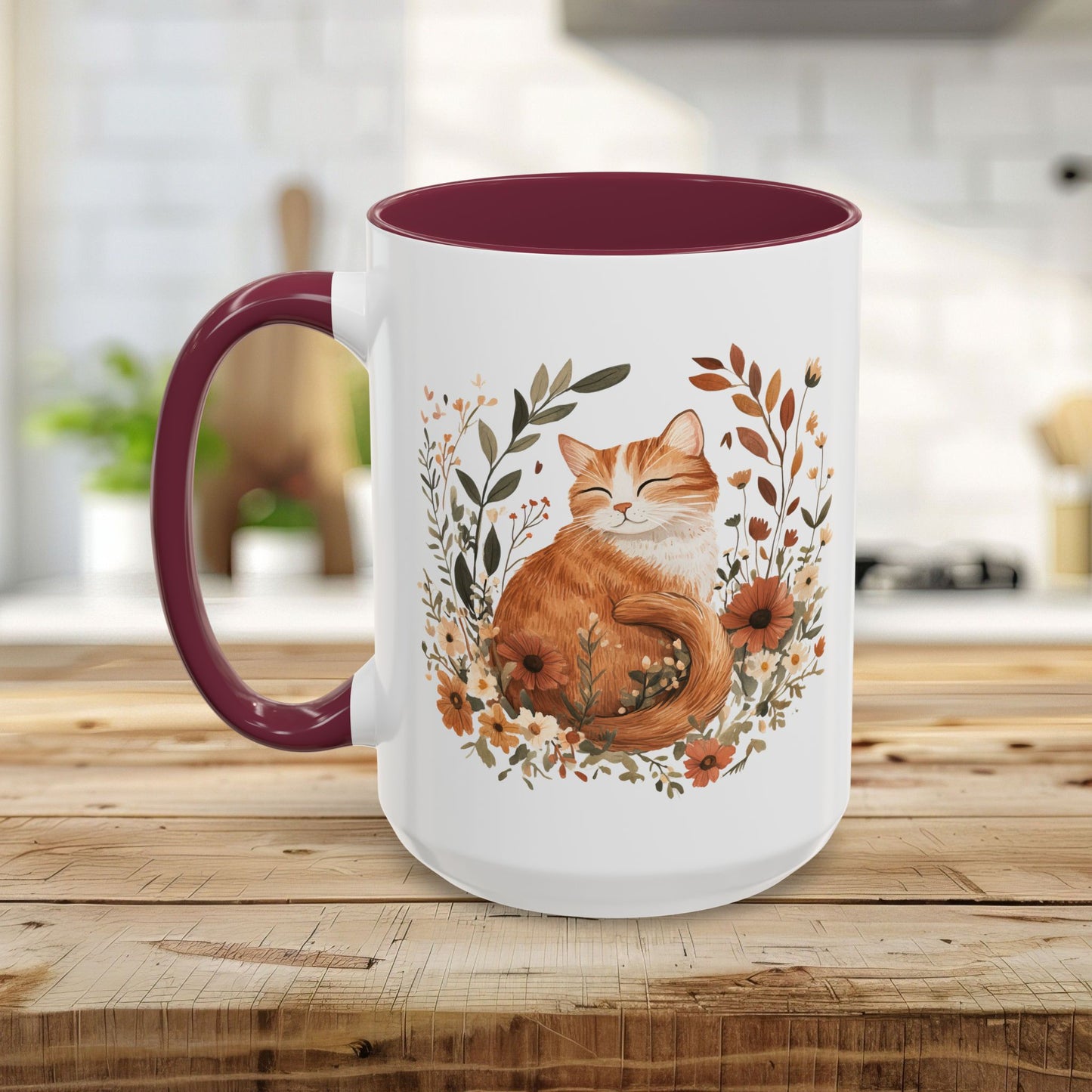 Autumn Tabby Cat & Wildflowers Mug (11/15oz)