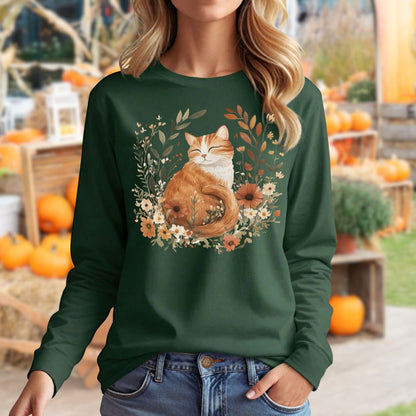 Autumn Tabby Cat with Wildflowers Long Sleeve Tee