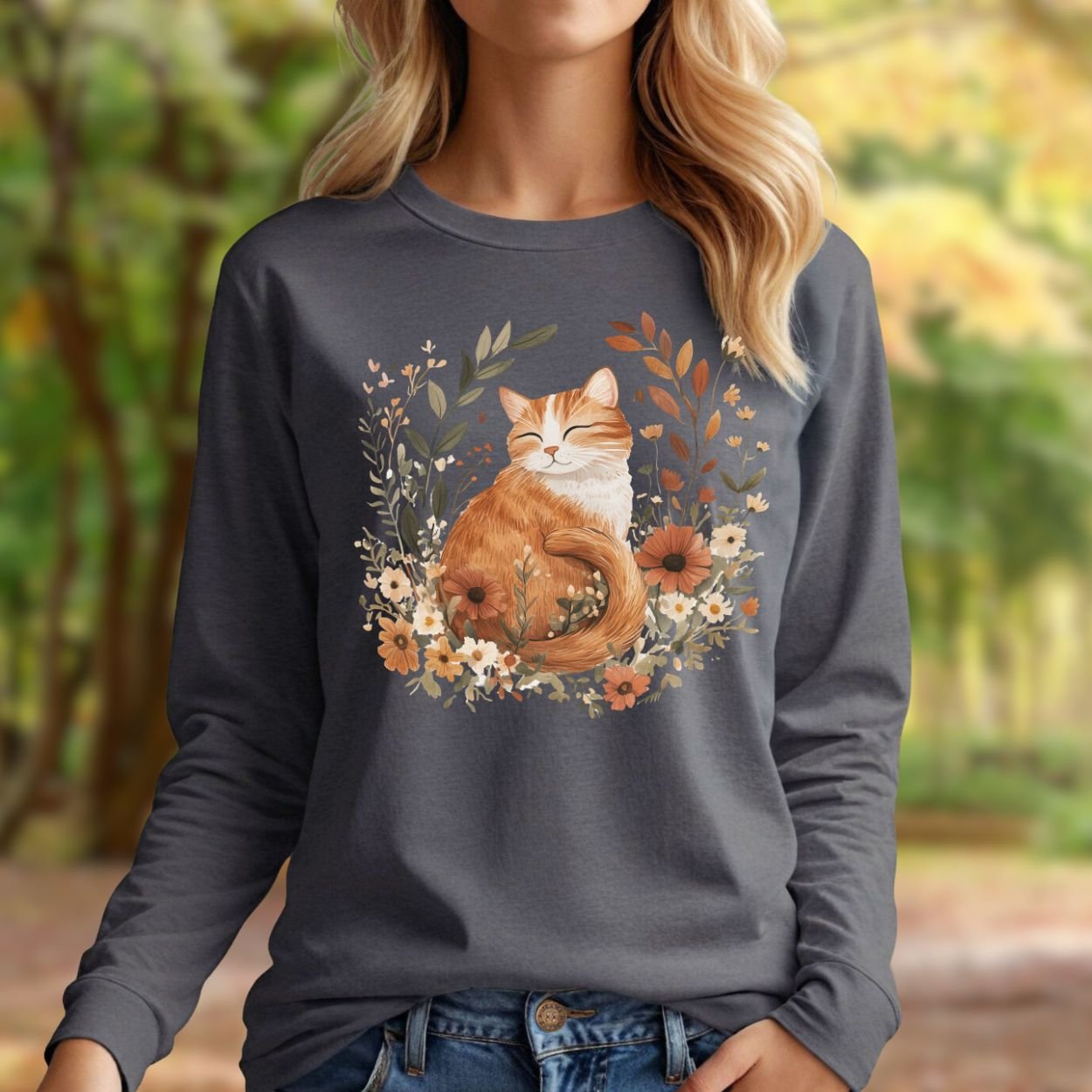 Autumn Tabby Cat with Wildflowers Long Sleeve Tee