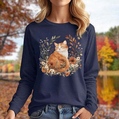 Autumn Tabby Cat with Wildflowers Long Sleeve Tee