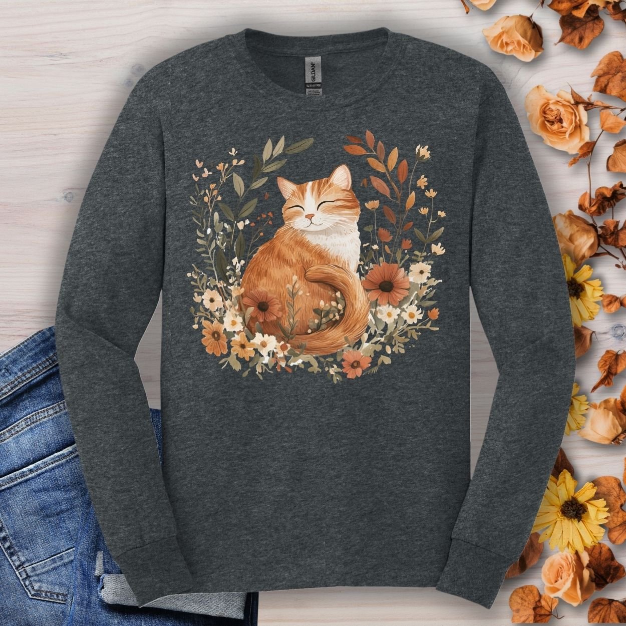 Autumn Tabby Cat with Wildflowers Long Sleeve Tee