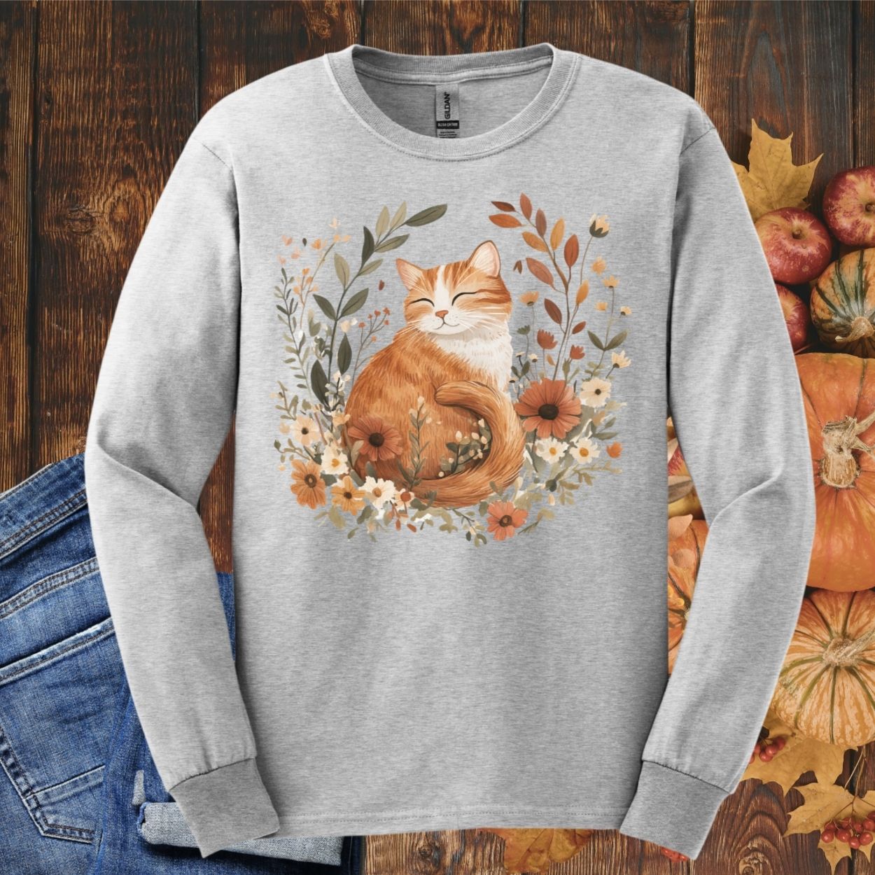 Autumn Tabby Cat with Wildflowers Long Sleeve Tee