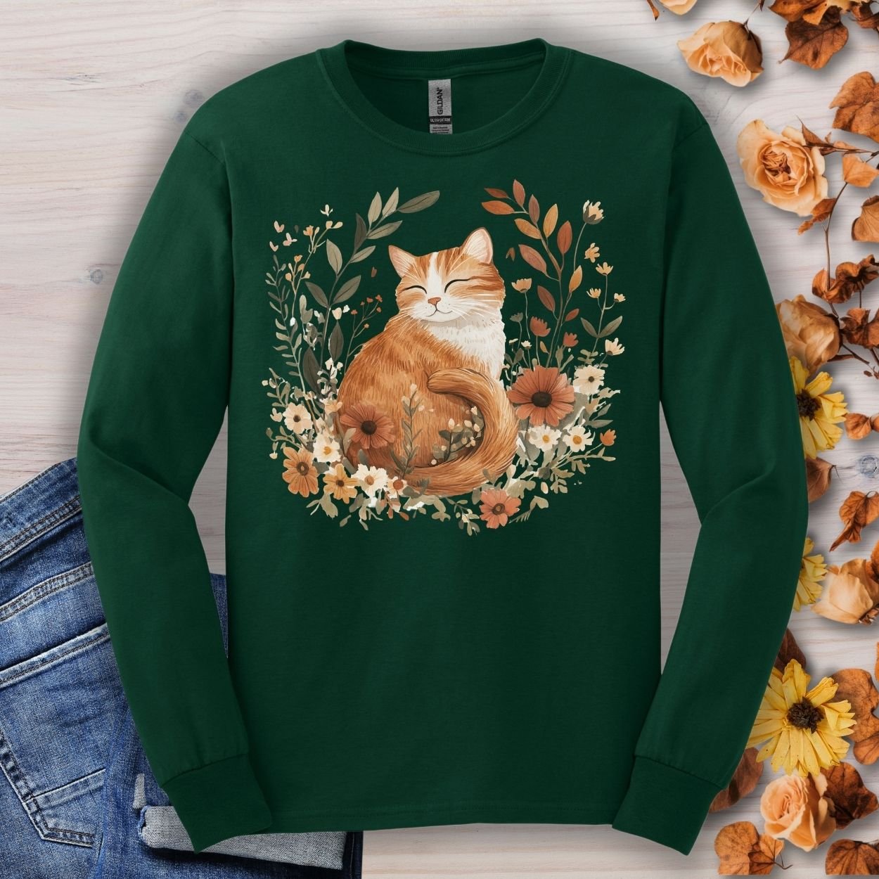 Autumn Tabby Cat with Wildflowers Long Sleeve Tee