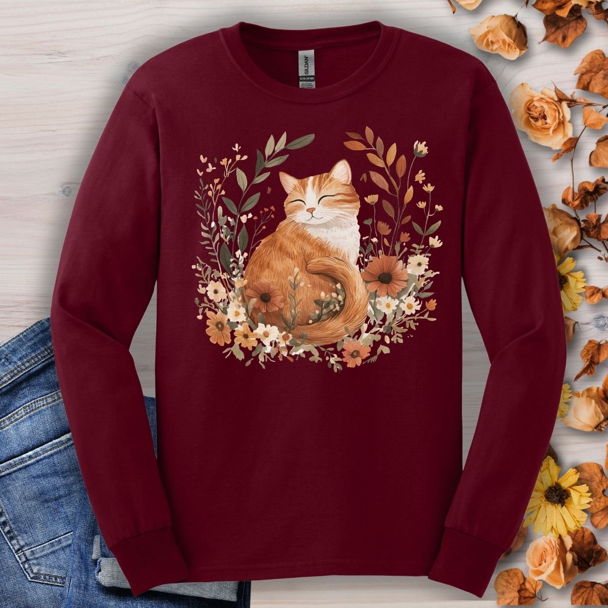 Autumn Tabby Cat with Wildflowers Long Sleeve Tee