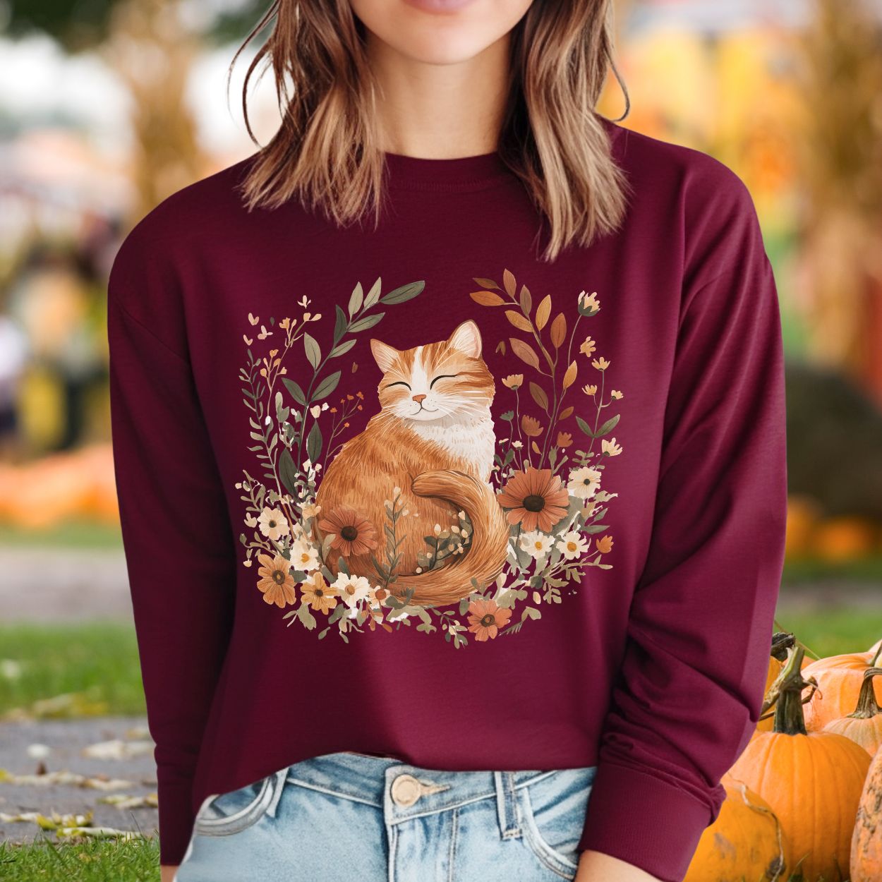 Autumn Tabby Cat with Wildflowers Long Sleeve Tee