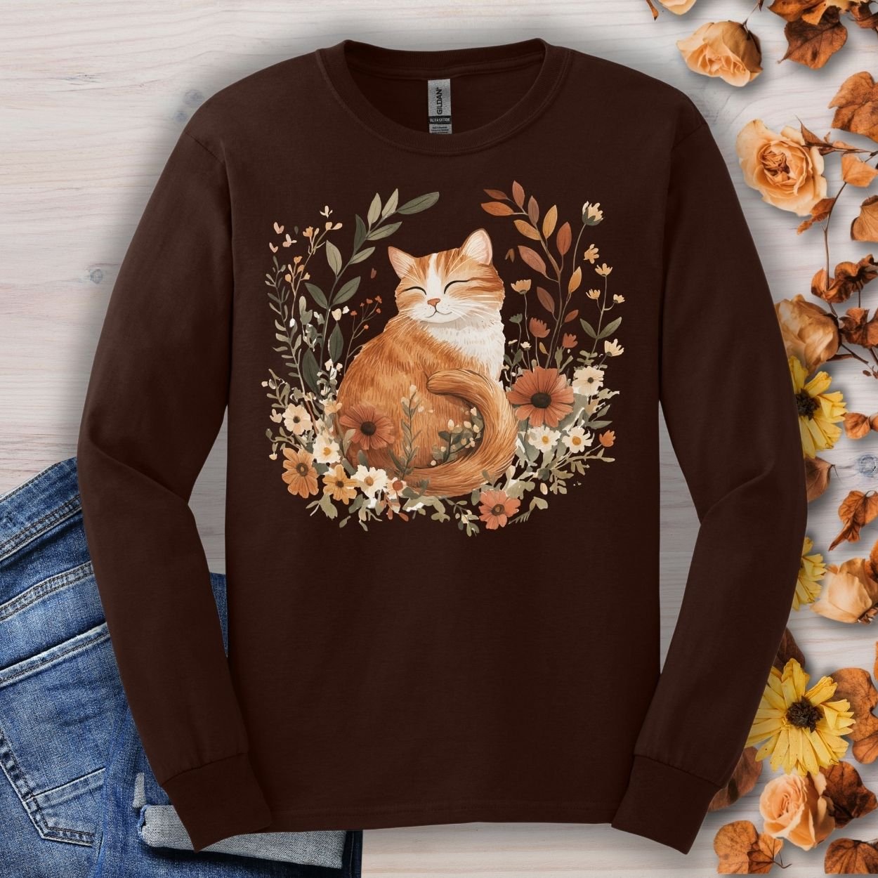 Autumn Tabby Cat with Wildflowers Long Sleeve Tee