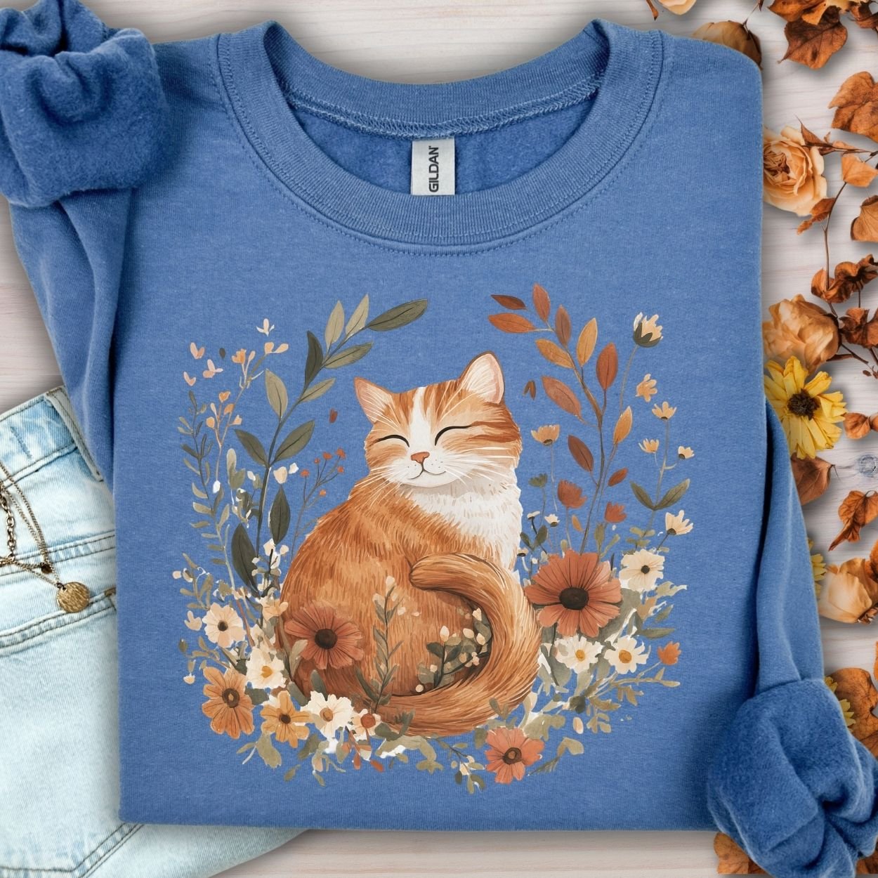 Autumn Tabby Cat with Wildflowers Sweatshirt