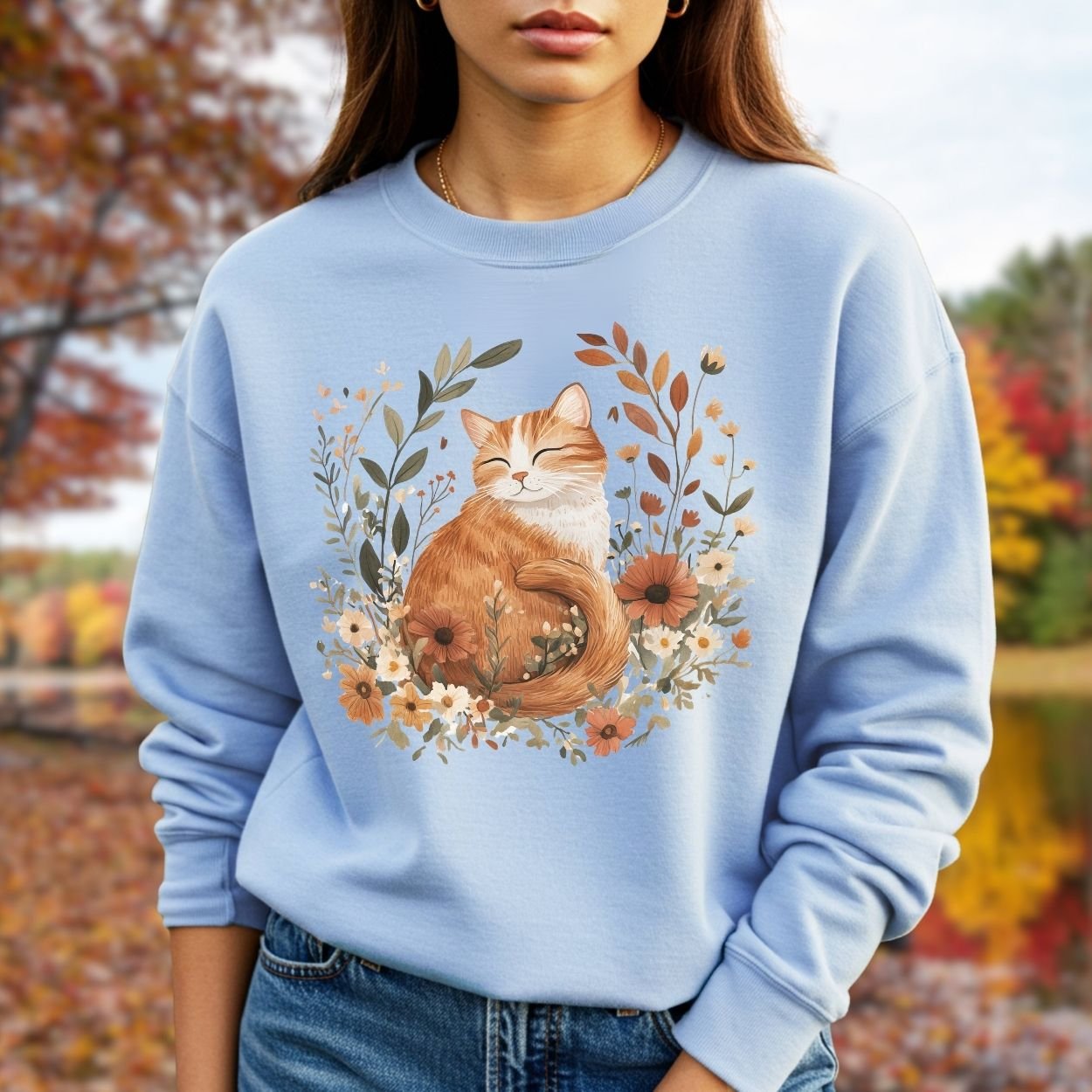 Autumn Tabby Cat with Wildflowers Sweatshirt