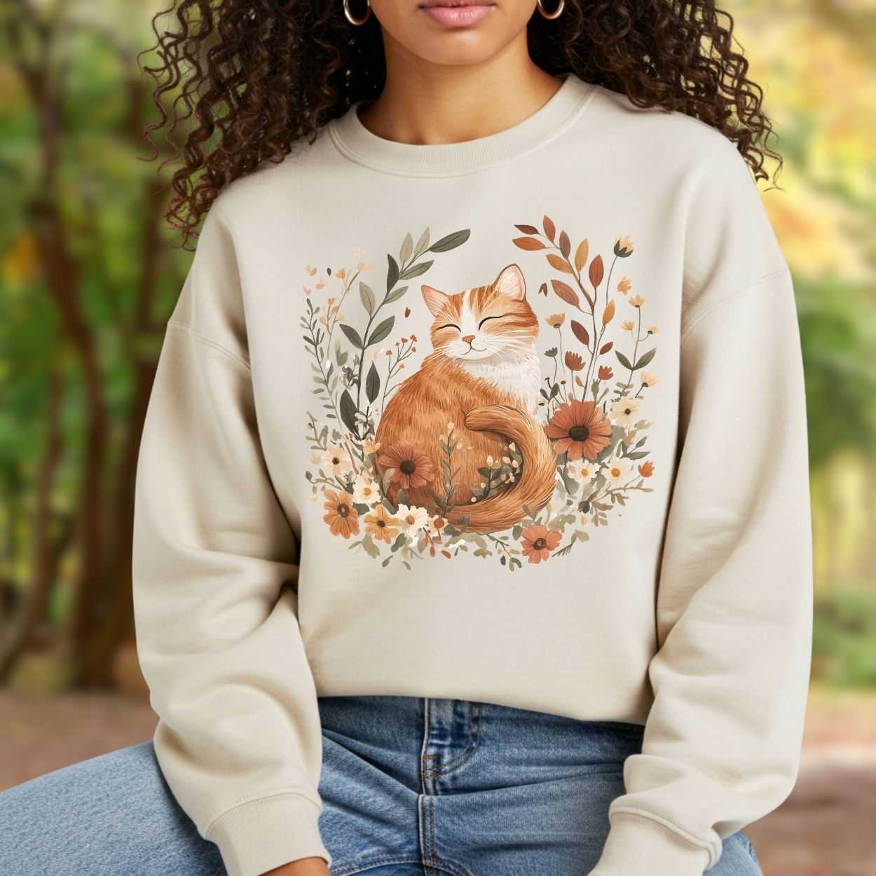 Autumn Tabby Cat with Wildflowers Sweatshirt