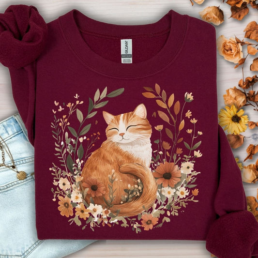 Autumn Tabby Cat with Wildflowers Sweatshirt