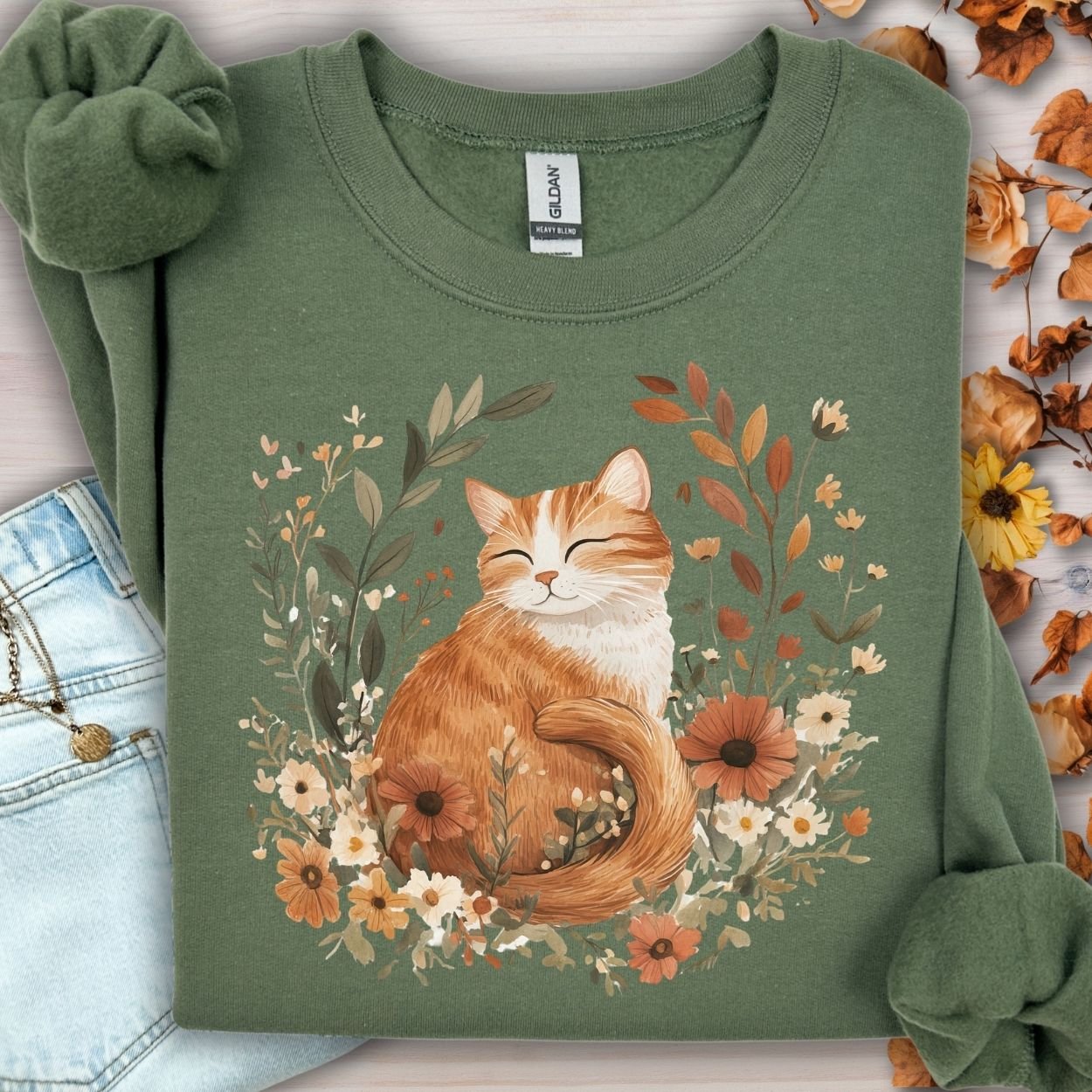 Autumn Tabby Cat with Wildflowers Sweatshirt