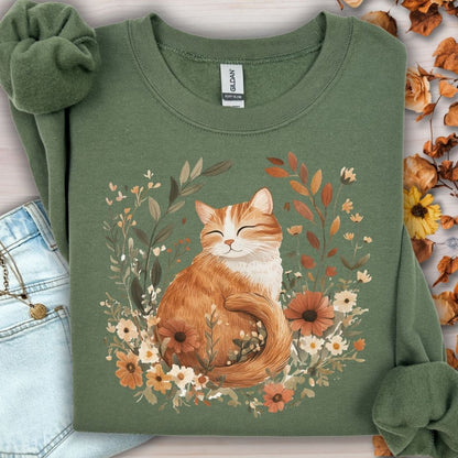 Autumn Tabby Cat with Wildflowers Sweatshirt