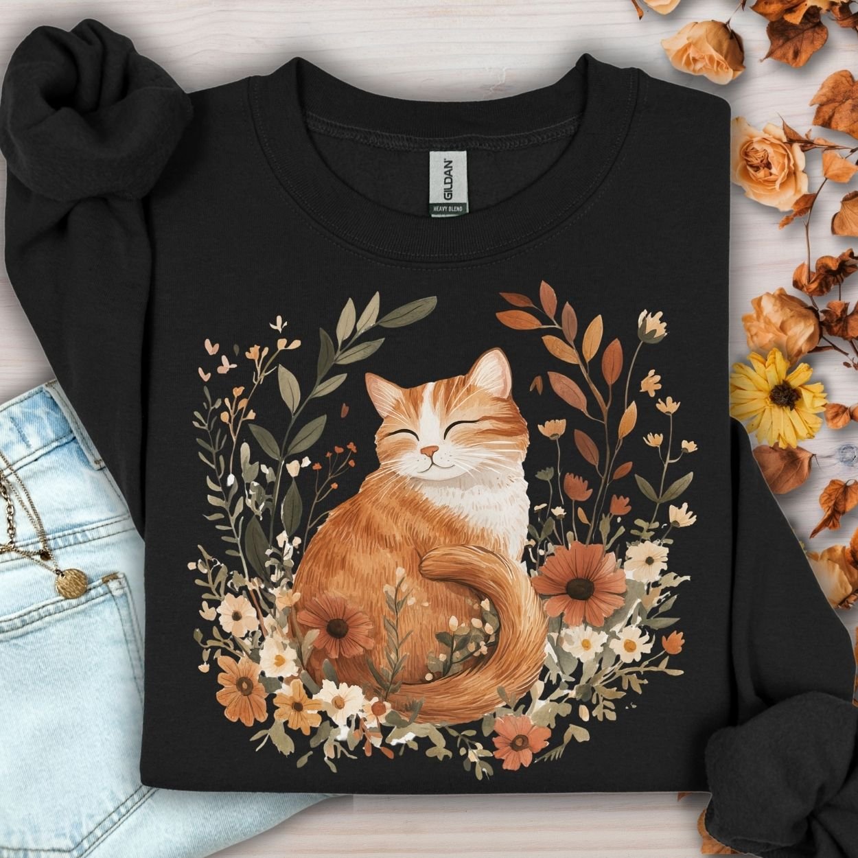 Autumn Tabby Cat with Wildflowers Sweatshirt