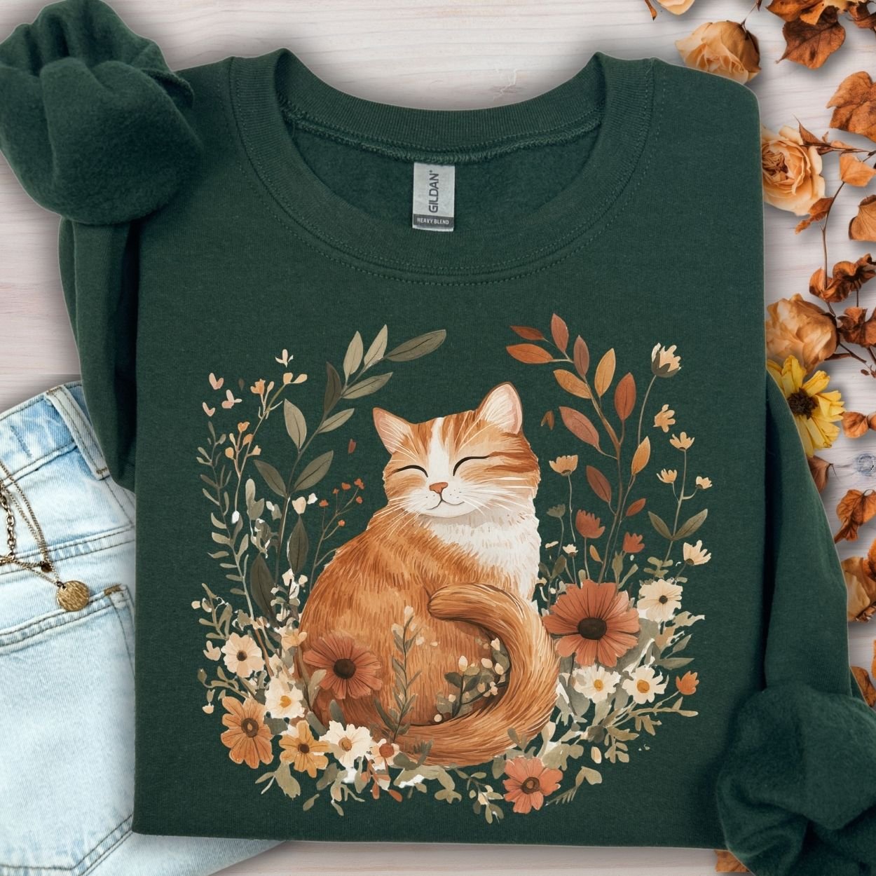 Autumn Tabby Cat with Wildflowers Sweatshirt
