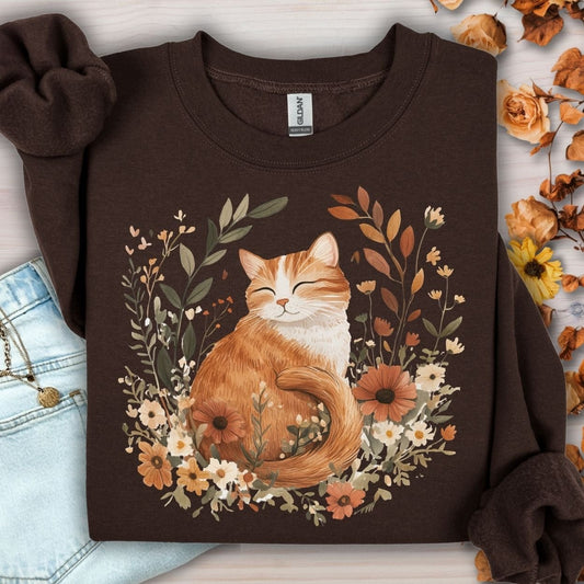 Autumn Tabby Cat with Wildflowers Sweatshirt