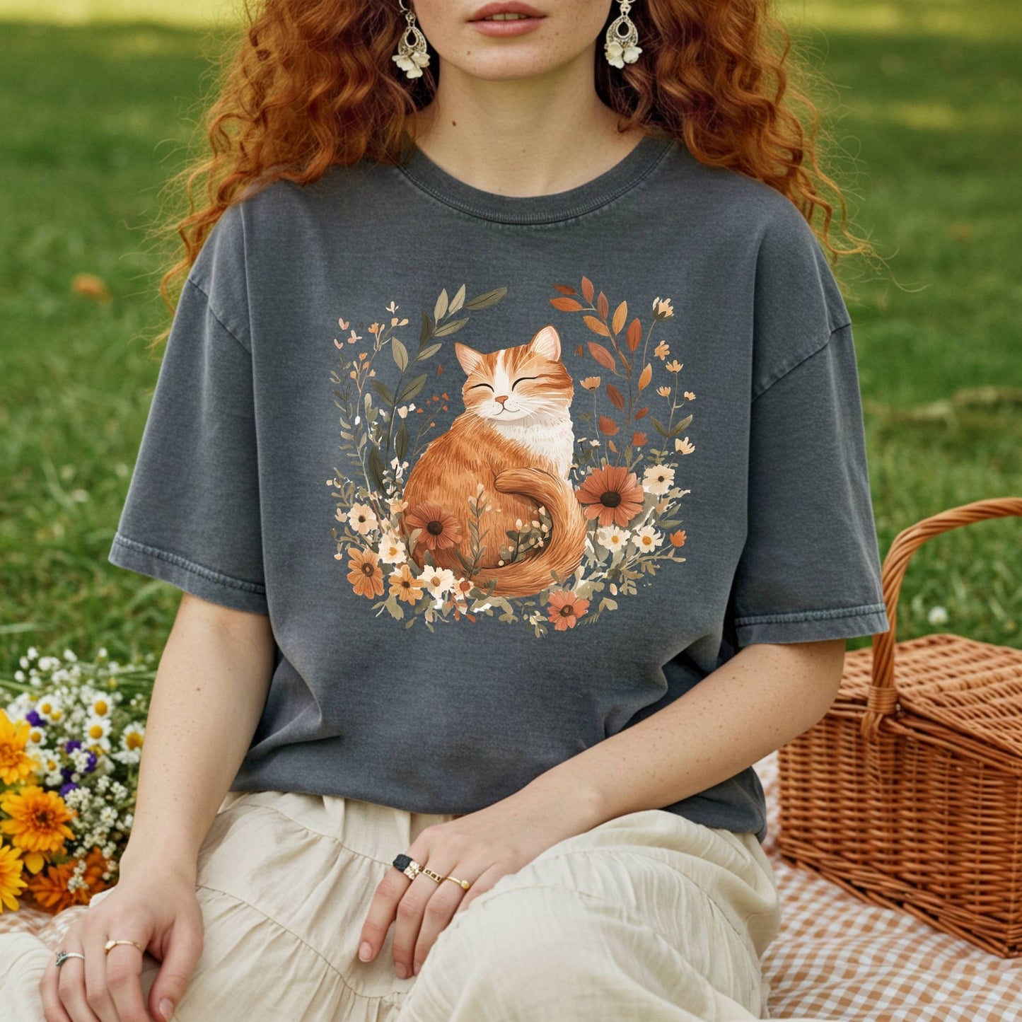 Autumn Tabby Cat with Wildflowers T-Shirt