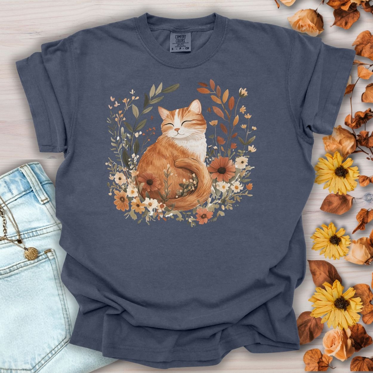 Autumn Tabby Cat with Wildflowers T-Shirt