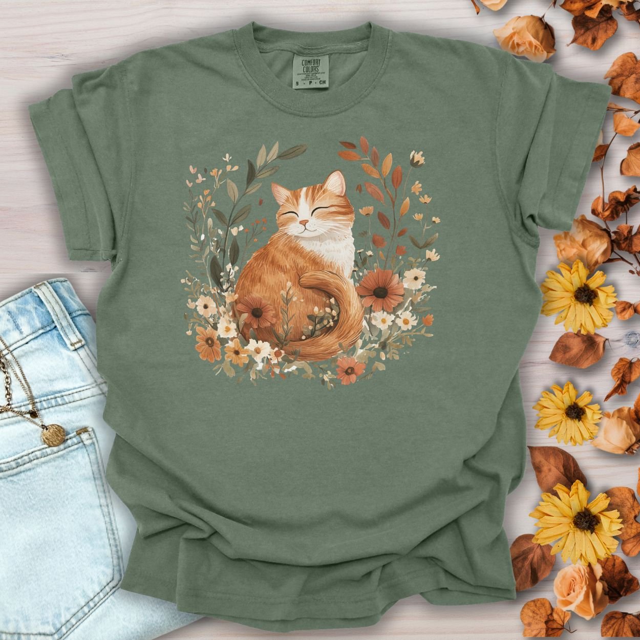 Autumn Tabby Cat with Wildflowers T-Shirt
