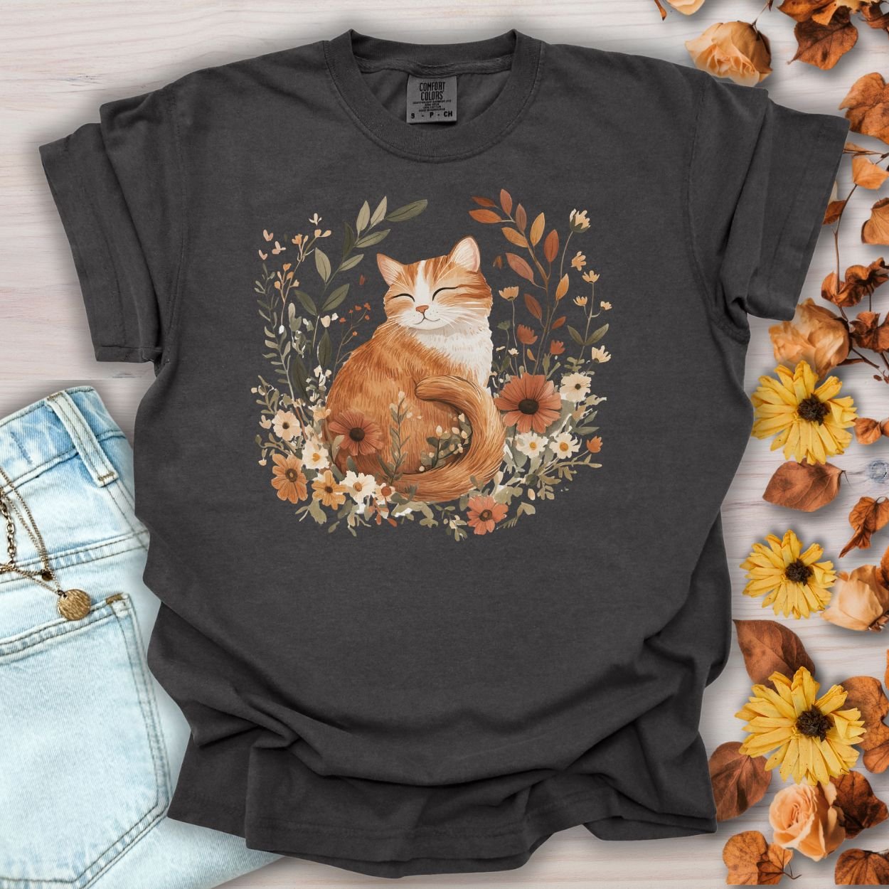 Autumn Tabby Cat with Wildflowers T-Shirt