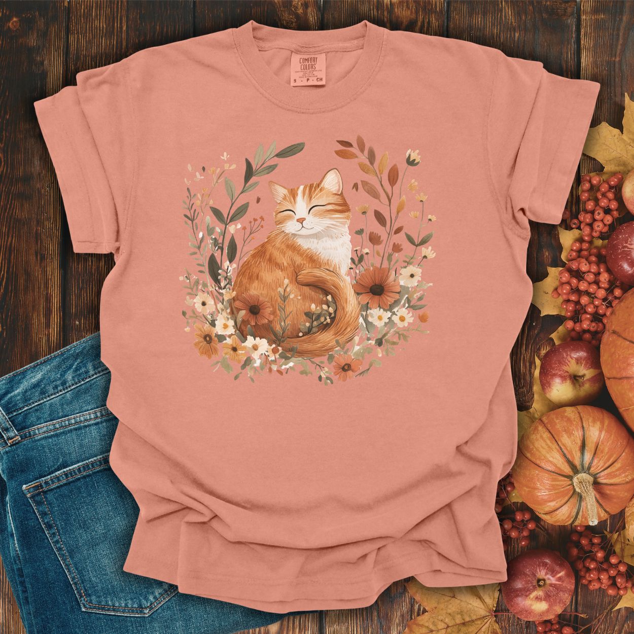 Autumn Tabby Cat with Wildflowers T-Shirt