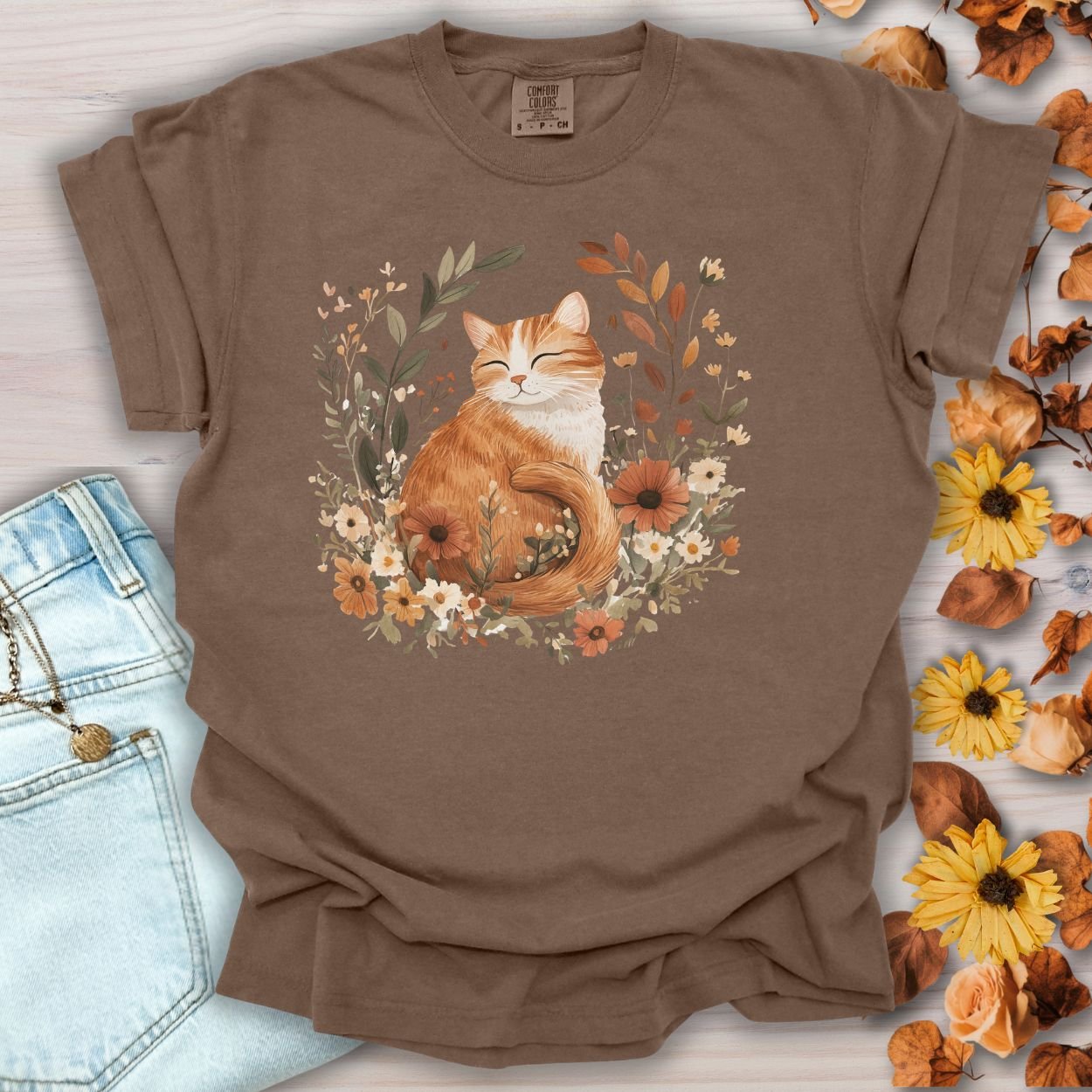 Autumn Tabby Cat with Wildflowers T-Shirt